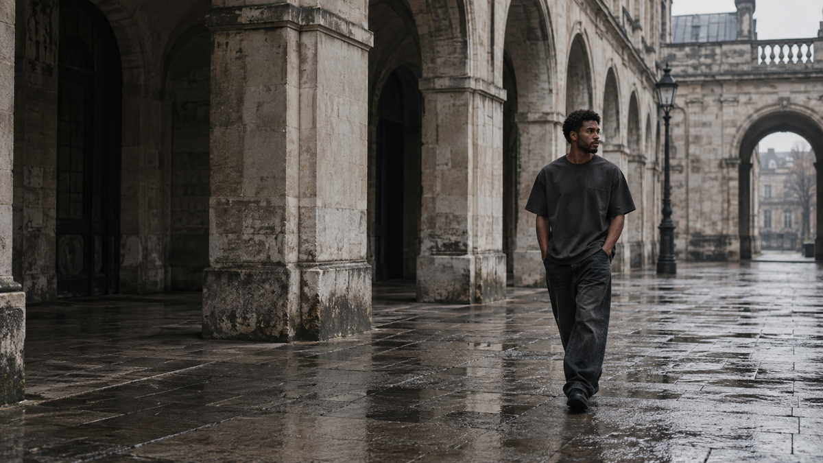Original Sincere CMTY AI campaign concept: charcoal streetwear beneath stone arches.