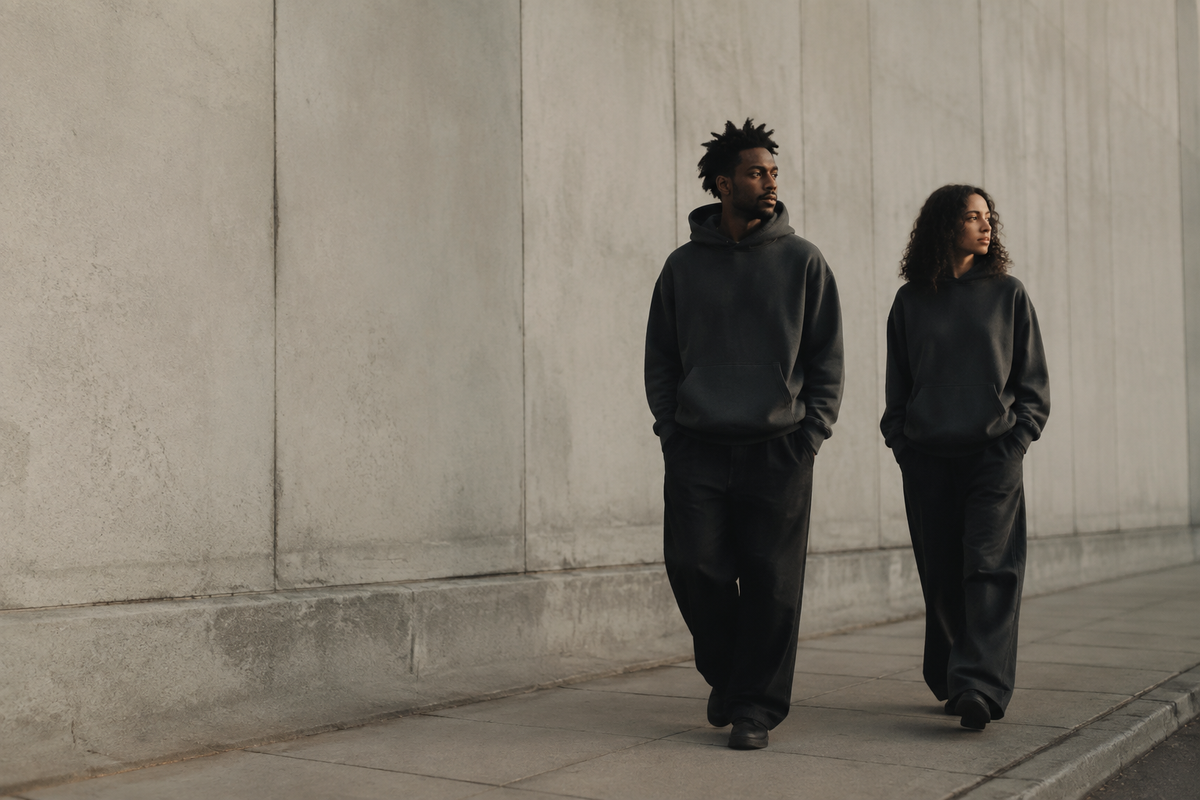 Concept campaign: two friends walking in charcoal clothing beside concrete architecture
