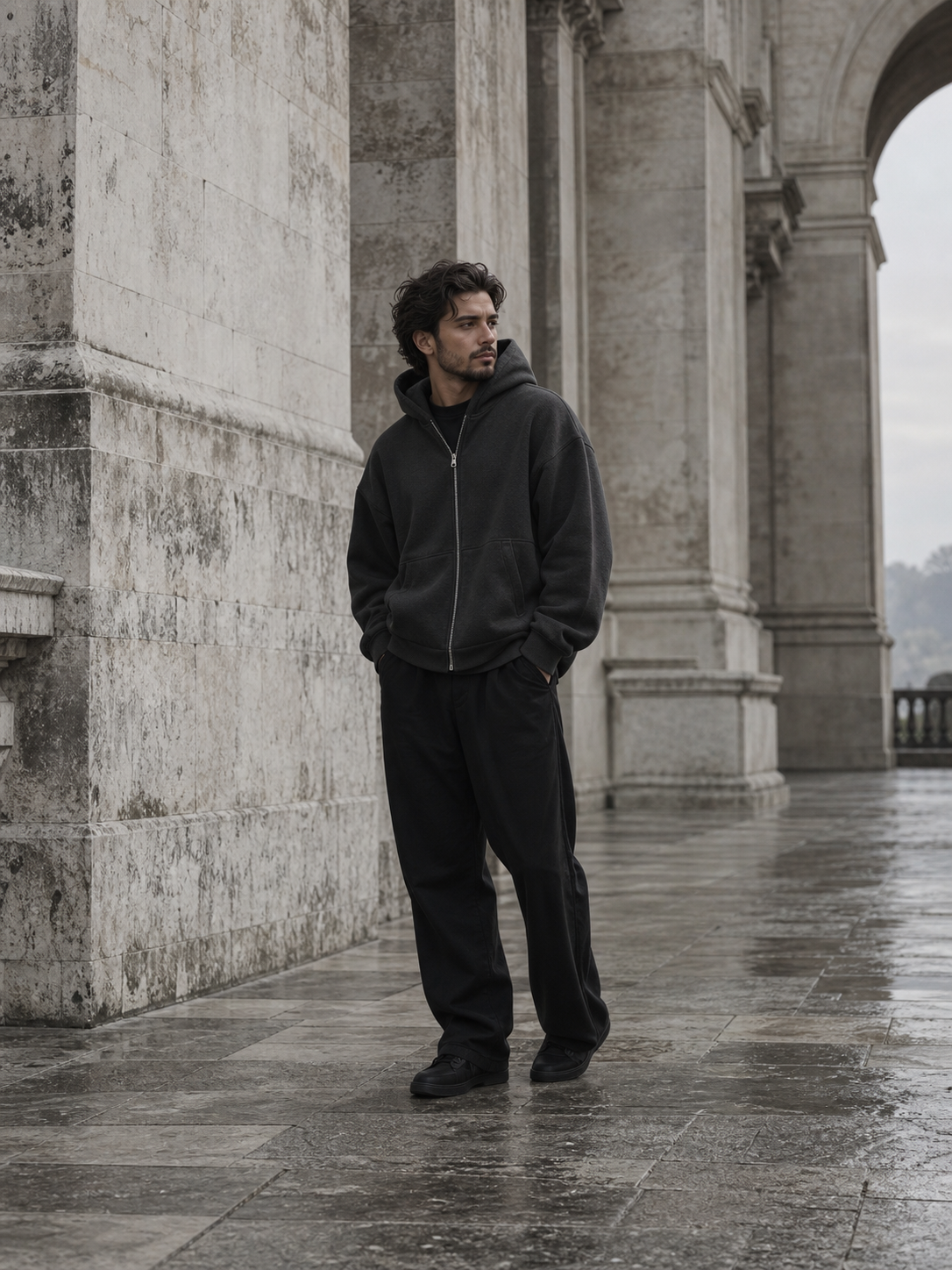 Sincere CMTY campaign concept in charcoal beside stone architecture