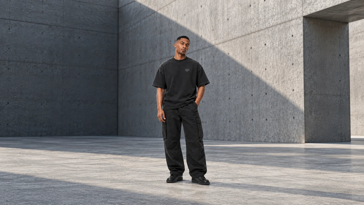 Sincere CMTY original AI campaign concept. Full-body adult streetwear portrait in a concrete courtyard.